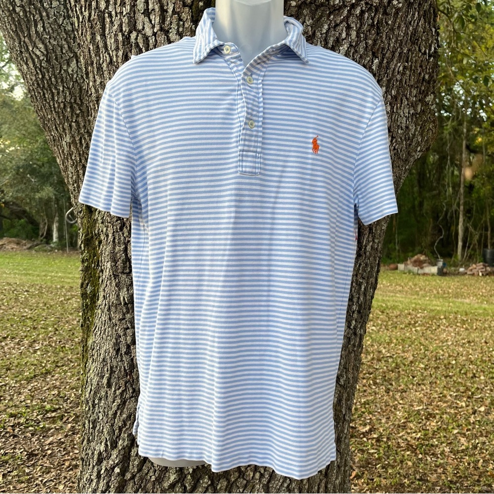 RALPH LAUREN POLO MENS LIGHT BLUE WHITE STRIPED ORANGE HORSE LOGO SHORT SLEEVE